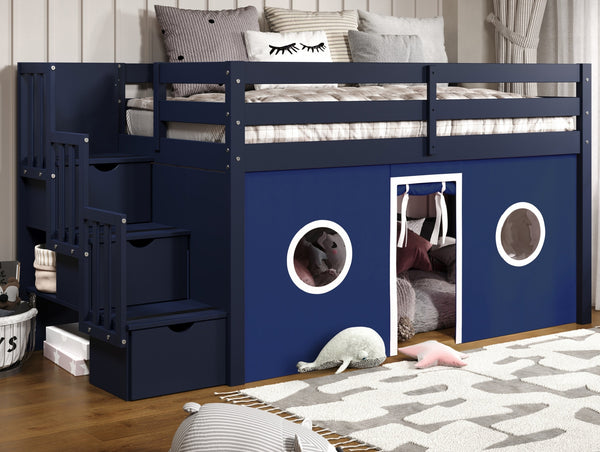 Bedz King Contemporary Low Loft Twin Bed, 3 Step-Stairway, Blue with Blue & White Tent