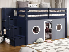 This Twin Low Loft Bed in Blue with a Gray and White tent will look great in your child's bedroom