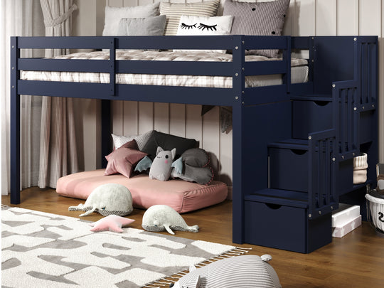 Bedz King Contemporary Low Loft Twin Bed, 3 Step-Stairway, Blue