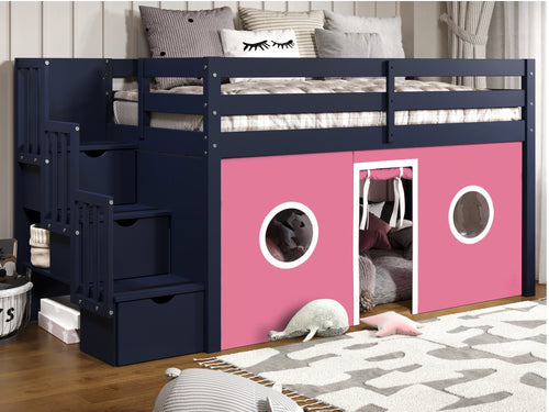 Bedz King Twin Low Loft Stairway Bed, Blue with Pink-White Tent