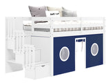 Bedz King Twin Low Loft Contemporary Bed with Stairway in White and Blue and White Tent for only $525