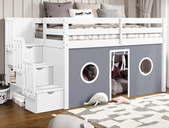 This Twin Low Loft Bed in White with a Gray and White tent will look great in your child's bedroom