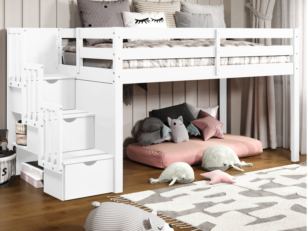 Bedz King Contemporary Low Loft Twin Bed with 3 Step-Stairway, White, image size:1024x768