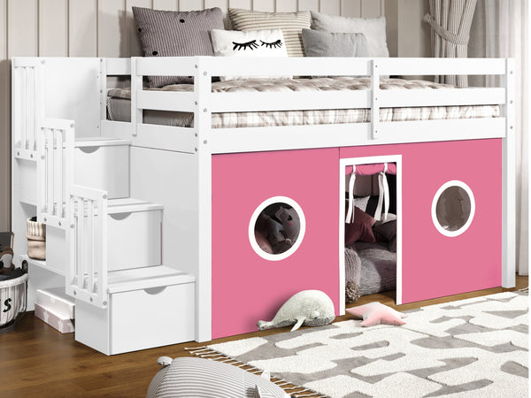 Bedz King Contemporary Low Loft Twin Bed, 3 Step-Stairway, White with Pink & White Tent