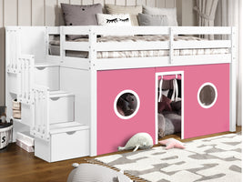 This Twin Low Loft Bed in White with a Pink and White Tent will look great in your child's bedroom