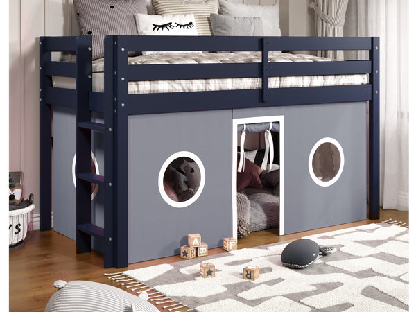 Twin Low Loft Bed with Ladder, Blue, Gray & White Tent