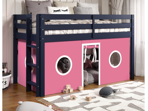 Bedz King Contemporary Low Loft Twin Bed, End Ladder, Blue with Pink & White Tent