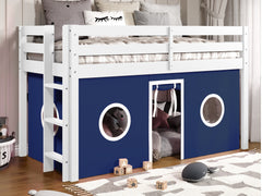 This Twin Low Loft Bed in White with a Blue  and White Tent will look great in your child's bedroom