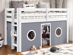 This Twin Low Loft Bed in White with a Gray and White Tent will look great in your child's bedroom
