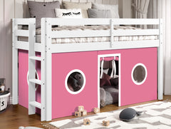 This Twin Low Loft Bed in White with a Pink and White tent will look great in your child's bedroom