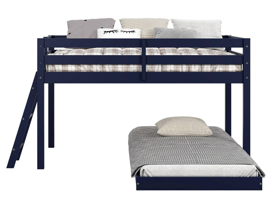 Blue free-standing twin under-bed positioned separately from the low loft bed