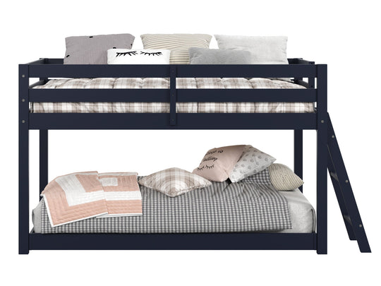 Blue twin-over-twin low bunk bed with the lower twin positioned beneath the loft