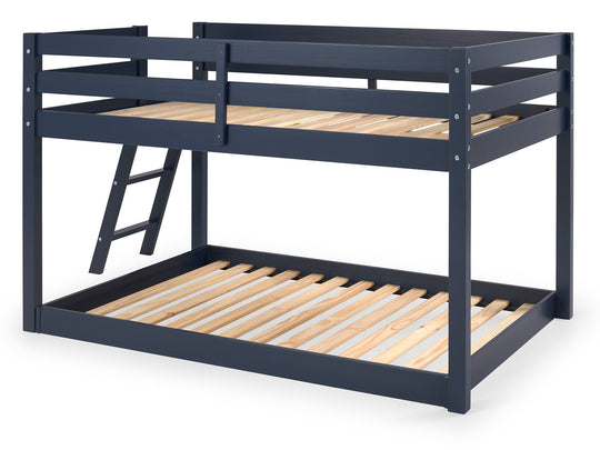 Blue twin under-bed attached beneath the low loft to form a twin-over-twin low bunk bed