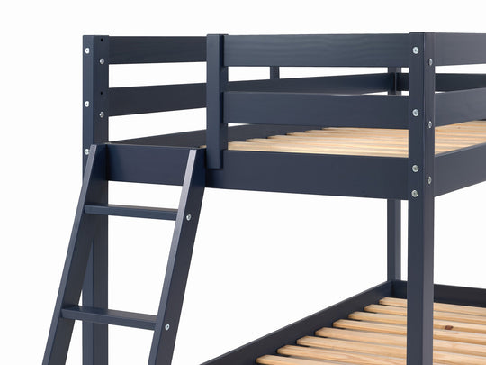 Blue low loft bed showing the sloping three-step ladder positioned on the left or right