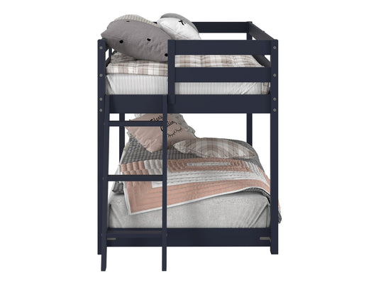 Blue low loft bed and free-standing twin under-bed providing two twin sleeping surfaces