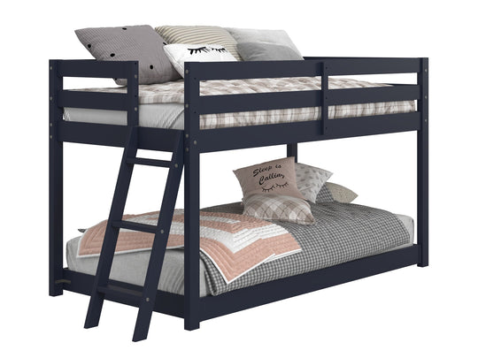 Blue twin low loft with movable lower twin bed and sloping three-step ladder