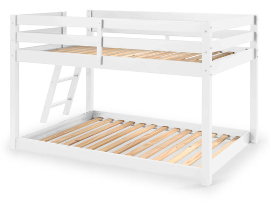 Attaching the underbed to the legs of the loft bed creates a low twin over twin bunk bed