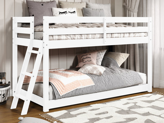 This Twin over Twin Low  Bunk Bed in White will look great in your child's bedroom