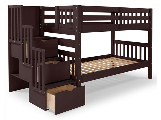 Dark Cherry twin-over-twin bunk bed showing the three-step stairway