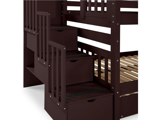 Three-step stairway and upper-bunk entry on a dark cherry twin-over-twin bunk bed