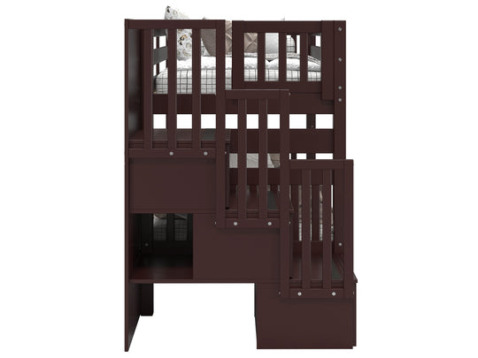 Three built-in storage drawers in the stairway of a dark cherry BK906 bunk bed