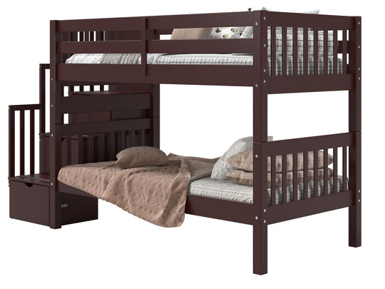 Dark Cherry twin-over-twin bunk bed showing stairway placement on the left or right