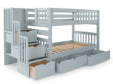 Breezy Blue twin-over-twin bunk bed with two under-bed storage drawers showing the three-step stairway