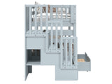 Three built-in storage drawers in the stairway of a breezy blue BK906 bunk bed