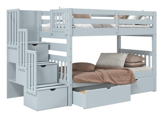 Breezy Blue twin-over-twin stairway bunk bed with two under-bed storage drawers