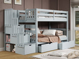 Bedz King breezy blue twin-over-twin stairway bunk bed with two under-bed storage drawers in a bedroom