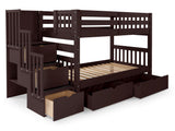Dark Cherry twin-over-twin bunk bed with two under-bed storage drawers showing the three-step stairway