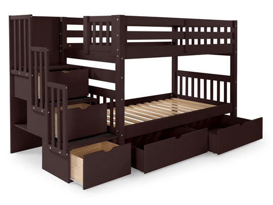 Dark Cherry twin-over-twin bunk bed with two under-bed storage drawers showing the three-step stairway