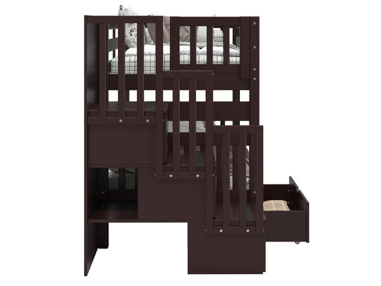 Three built-in storage drawers in the stairway of a dark cherry BK906 bunk bed