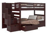Dark Cherry twin-over-twin stairway bunk bed with two under-bed storage drawers