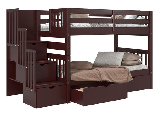 Dark Cherry twin-over-twin stairway bunk bed with two under-bed storage drawers