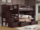 Bedz King dark cherry twin-over-twin stairway bunk bed with two under-bed storage drawers in a bedroom