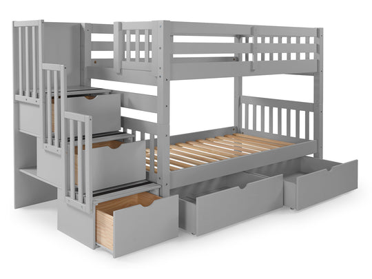 Twin over Twin Bunk Bed Gray with 3 Step Stairway and 2 Drawers