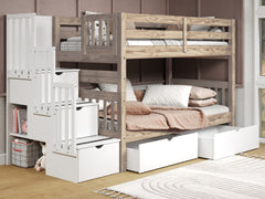 Bedz King Nordic Pine twin-over-twin stairway bunk bed with white stairs and two white under-bed storage drawers in a bedroom