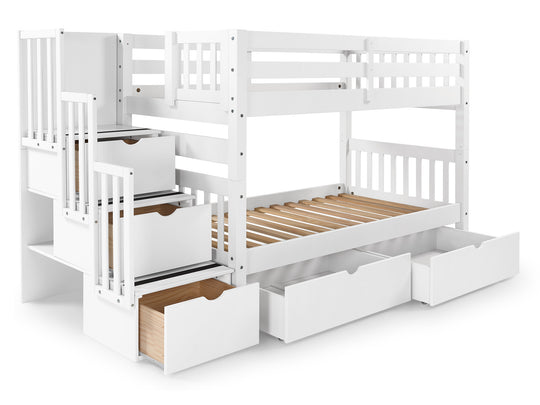 Twin over Twin Bunk Bed White with 3 Step Stairway and 2 Drawers