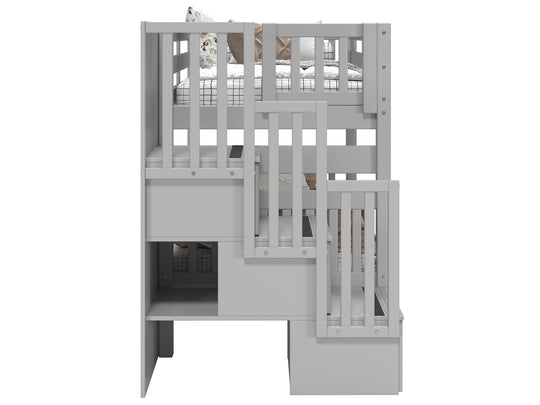 Three built-in storage drawers in the stairway of a gray BK906 bunk bed