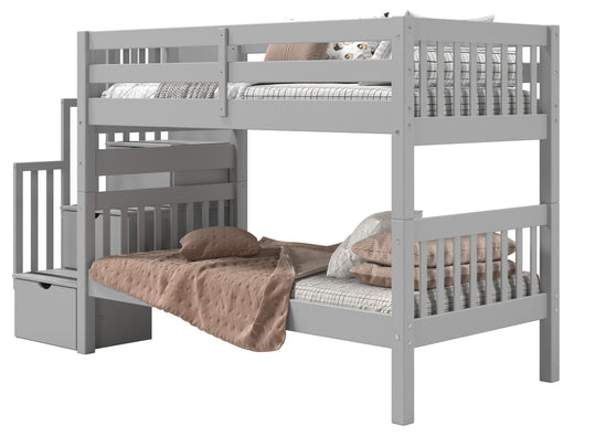 Gray twin-over-twin bunk bed showing stairway placement on the left or right