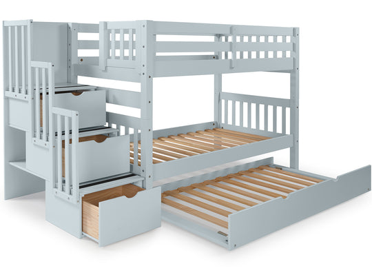 Twin over Twin Bunk Bed Breezy Blue with 3 Step Stairway and Trundle