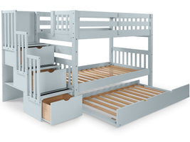 Twin over Twin Bunk Bed Breezy Blue with 3 Step Stairway and Trundle