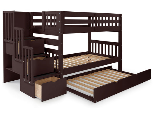 Dark Cherry twin-over-twin bunk bed with twin trundle showing the three-step stairway