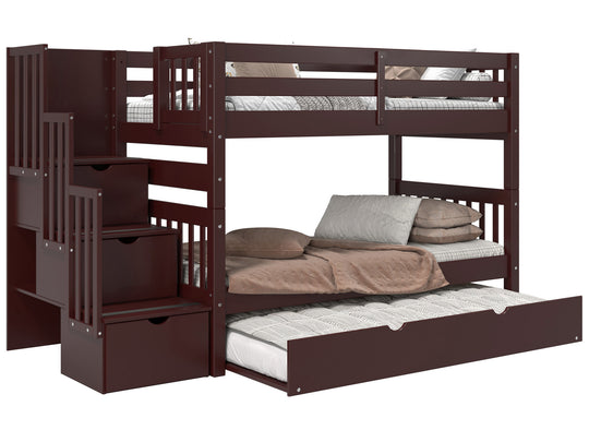 Dark Cherry twin-over-twin stairway bunk bed with twin trundle