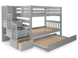 Twin over Twin Bunk Bed Gray with 3 Step Stairway and Trundle