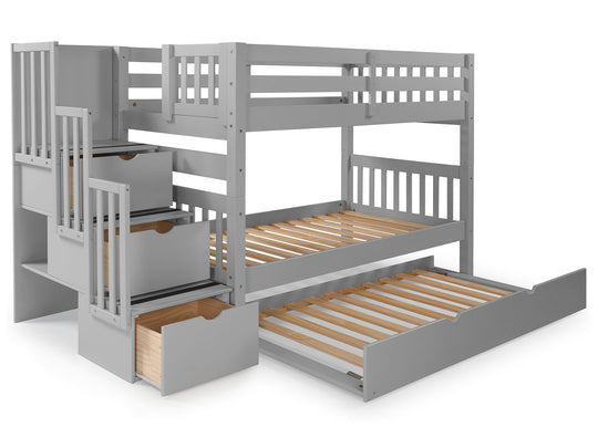 Twin over Twin Bunk Bed Gray with 3 Step Stairway and Trundle