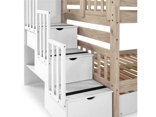 Three-step white stairway and upper-bunk entry on a Nordic Pine twin-over-twin bunk bed