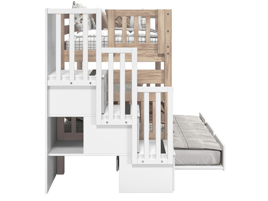 Three built-in white storage drawers in the stairway of a Nordic Pine BK906 bunk bed