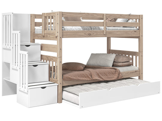 Nordic Pine twin-over-twin stairway bunk bed with white stairs and white twin trundle